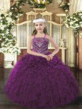 Eye-catching Ball Gowns Little Girl Pageant Gowns Dark Purple Straps Organza Sleeveless Floor Length Lace Up