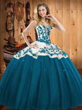 Lovely Teal Ball Gowns Embroidery Quinceanera Gowns Lace Up Satin and Tulle Sleeveless Floor Length