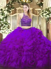 Stunning Eggplant Purple Quinceanera Dress Military Ball and Sweet 16 and Quinceanera with Beading and Ruffles Halter Top Sleeveless Lace Up