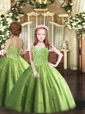  Floor Length Lace Up Pageant Dress for Womens Olive Green for Party and Quinceanera with Beading