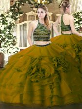 Shining Floor Length Olive Green Quinceanera Gowns Halter Top Sleeveless Zipper