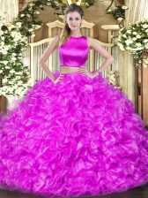 Sweet Hot Pink High-neck Neckline Ruffles Quinceanera Gown Sleeveless Criss Cross