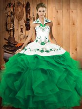 Trendy Floor Length Turquoise Sweet 16 Dress Halter Top Sleeveless Lace Up