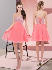  Mini Length Empire Sleeveless Watermelon Red Prom Gown Lace Up