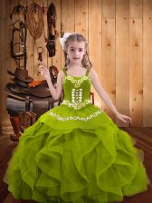 Custom Design Ball Gowns Kids Formal Wear Olive Green Straps Organza Sleeveless Floor Length Lace Up