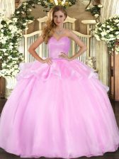  Pink Ball Gowns Sweetheart Sleeveless Organza Floor Length Lace Up Beading and Ruffles Quinceanera Gown