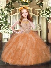  Rust Red Zipper Little Girls Pageant Gowns Beading and Ruffles Sleeveless Floor Length