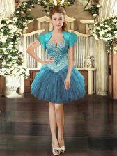 Dramatic Sleeveless Organza Mini Length Lace Up Prom Dresses in Teal with Beading and Ruffles