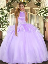 Most Popular Lavender Backless Halter Top Beading and Ruffles 15 Quinceanera Dress Tulle Sleeveless