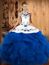 Best Sleeveless Floor Length Embroidery and Ruffles Lace Up 15th Birthday Dress with Blue