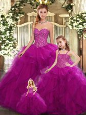 Perfect Fuchsia Ball Gowns Beading and Ruffles 15th Birthday Dress Lace Up Organza Sleeveless Floor Length