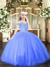  Floor Length Blue Little Girls Pageant Dress Wholesale Off The Shoulder Sleeveless Lace Up