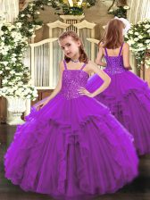  Floor Length Purple Little Girls Pageant Dress Wholesale Organza Sleeveless Beading and Ruffles