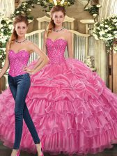 Ideal Rose Pink Two Pieces Organza Sweetheart Sleeveless Beading and Ruffles Floor Length Lace Up Sweet 16 Dress