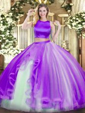  High-neck Sleeveless Quinceanera Dress Floor Length Ruffles Purple Tulle
