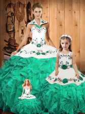 Fancy Floor Length Green Quinceanera Gowns Tulle Sleeveless Embroidery and Ruffles