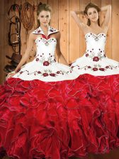 White And Red Ball Gowns Embroidery and Ruffles 15th Birthday Dress Lace Up Satin and Organza Sleeveless Floor Length