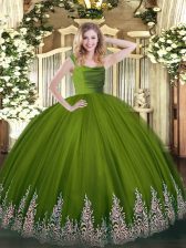 Great Floor Length Olive Green Ball Gown Prom Dress Tulle Sleeveless Beading and Appliques