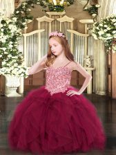  Wine Red Sleeveless Tulle Lace Up Kids Formal Wear for Party and Quinceanera