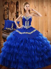 Extravagant Floor Length Lace Up 15th Birthday Dress Blue for Military Ball and Sweet 16 and Quinceanera with Embroidery and Ruffled Layers