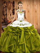 Custom Fit Ball Gowns 15 Quinceanera Dress Olive Green Halter Top Satin and Organza Sleeveless Floor Length Lace Up