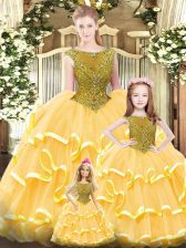 Beautiful Floor Length Gold 15th Birthday Dress Organza Sleeveless Beading and Ruffled Layers