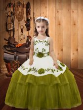 Trendy Straps Sleeveless Organza Little Girls Pageant Gowns Embroidery and Ruffled Layers Lace Up