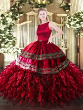 Dazzling Sleeveless Satin and Organza Floor Length Clasp Handle Vestidos de Quinceanera in Wine Red with Ruffled Layers