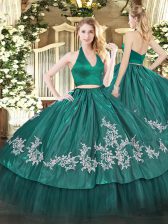 Ideal Taffeta Halter Top Sleeveless Zipper Appliques Quinceanera Dresses in Dark Green