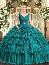 Nice Teal Sleeveless Floor Length Beading and Ruffled Layers Backless Quinceanera Gowns