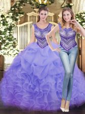 Customized Lavender Scoop Lace Up Beading and Ruffles Vestidos de Quinceanera Sleeveless
