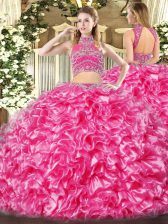  Hot Pink High-neck Neckline Beading and Ruffles Sweet 16 Dress Sleeveless Backless