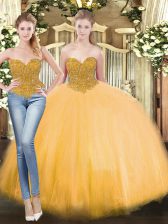 Gorgeous Sweetheart Sleeveless Quinceanera Dresses Floor Length Beading Gold Tulle