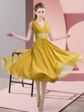  Chiffon V-neck Sleeveless Side Zipper Beading Court Dresses for Sweet 16 in Gold