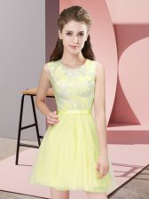  Yellow Side Zipper Quinceanera Court of Honor Dress Lace Sleeveless Mini Length