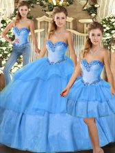 Glorious Baby Blue Lace Up Quinceanera Dress Beading and Ruffled Layers Sleeveless Floor Length