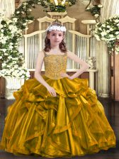Customized Brown Organza Lace Up Little Girl Pageant Gowns Sleeveless Floor Length Beading and Ruffles