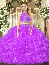  Floor Length Lilac Quinceanera Gowns Organza Sleeveless Beading and Ruffles