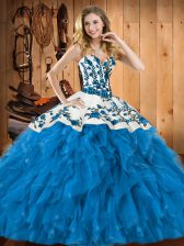  Sleeveless Tulle Floor Length Lace Up 15 Quinceanera Dress in Teal with Embroidery and Ruffles