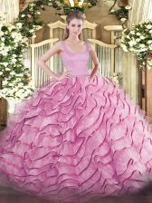 Flirting Rose Pink Sleeveless Brush Train Ruffled Layers Quinceanera Gown