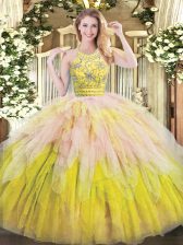  Multi-color Sweet 16 Dress Military Ball and Sweet 16 and Quinceanera with Beading and Ruffles Halter Top Sleeveless Zipper