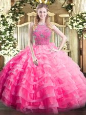 Dazzling Rose Pink Ball Gowns Halter Top Sleeveless Organza Floor Length Zipper Beading and Ruffled Layers Sweet 16 Dress