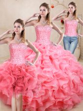 Decent Sleeveless Floor Length Beading and Ruffles Lace Up Sweet 16 Quinceanera Dress with Watermelon Red