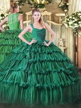  Dark Green Sleeveless Floor Length Ruffled Layers Zipper 15 Quinceanera Dress