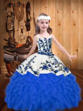 Dazzling Organza Straps Sleeveless Lace Up Embroidery and Ruffles Glitz Pageant Dress in Blue