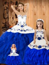  Blue And White Ball Gowns Satin and Organza Sweetheart Sleeveless Embroidery and Ruffles Floor Length Lace Up Quinceanera Gown