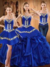 New Style Royal Blue Lace Up Sweetheart Embroidery and Ruffles Sweet 16 Quinceanera Dress Organza Sleeveless