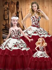 Designer Sleeveless Satin and Organza Floor Length Lace Up Ball Gown Prom Dress in Wine Red with Embroidery and Ruffled Layers