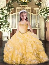  Floor Length Gold Pageant Dresses Straps Sleeveless Lace Up