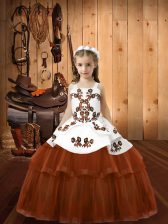  Brown Tulle Lace Up Straps Sleeveless Floor Length Pageant Dress for Womens Embroidery